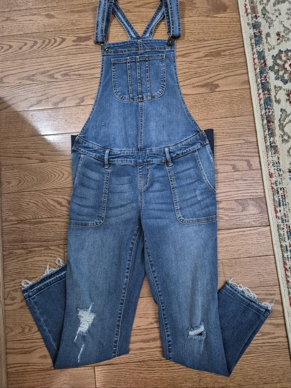 Maternity Indigo Blue Women’s M Denim Overalls Blue Stretch Distressed Pockets